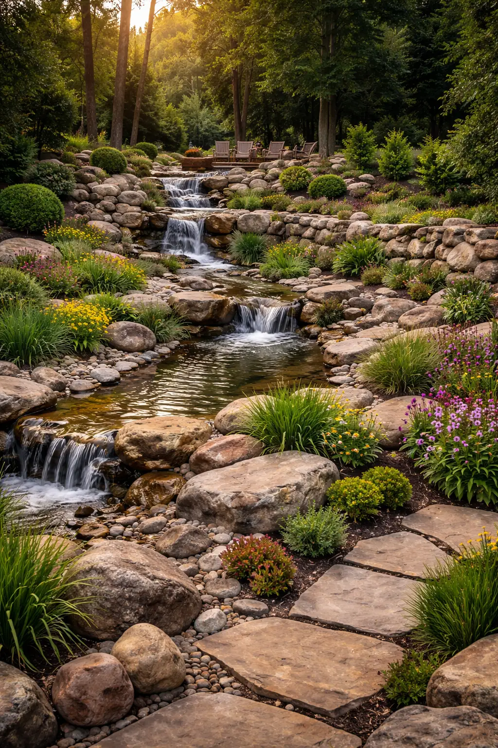 Serene garden with cascading waterfalls